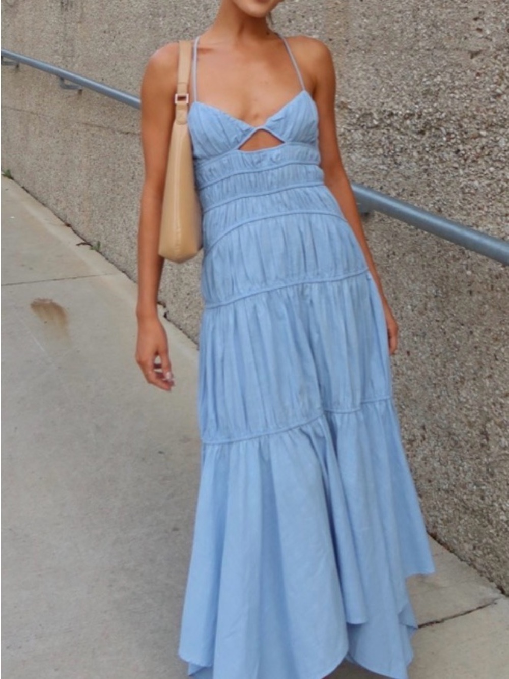 SNDYS Light Blue Spaghetti-Strap Maxi Dress with Front Twist Detail. Size L